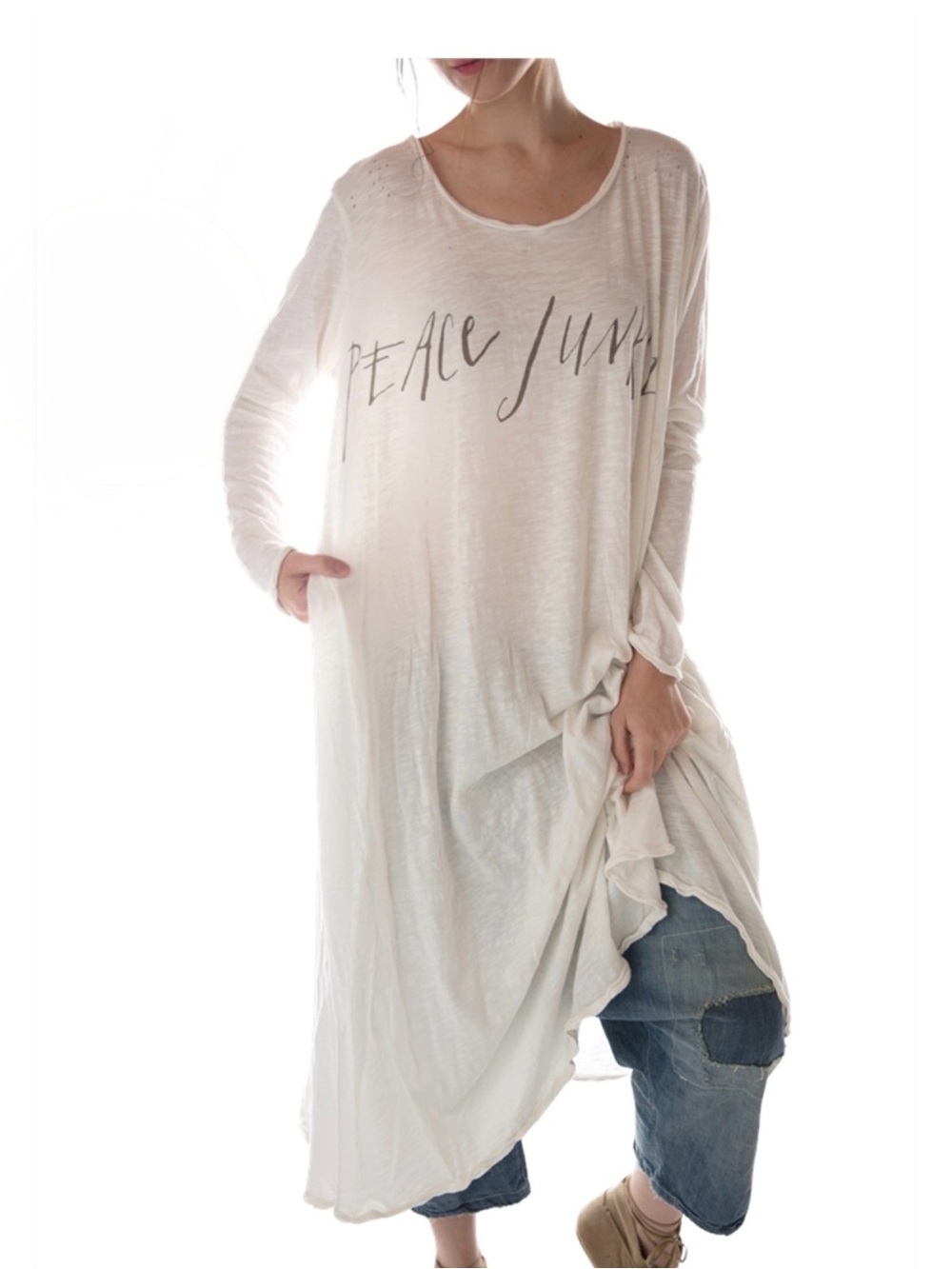 Magnolia Pearl Cream Long Sleeve Tunic with 'Peace Junkie' Script